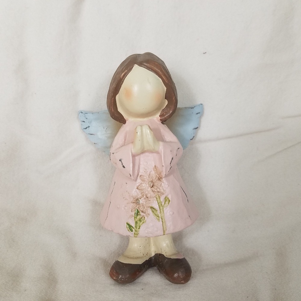 Praying Angel Figurine Small Pink Blue Excellent Rustic Resin Decor religious